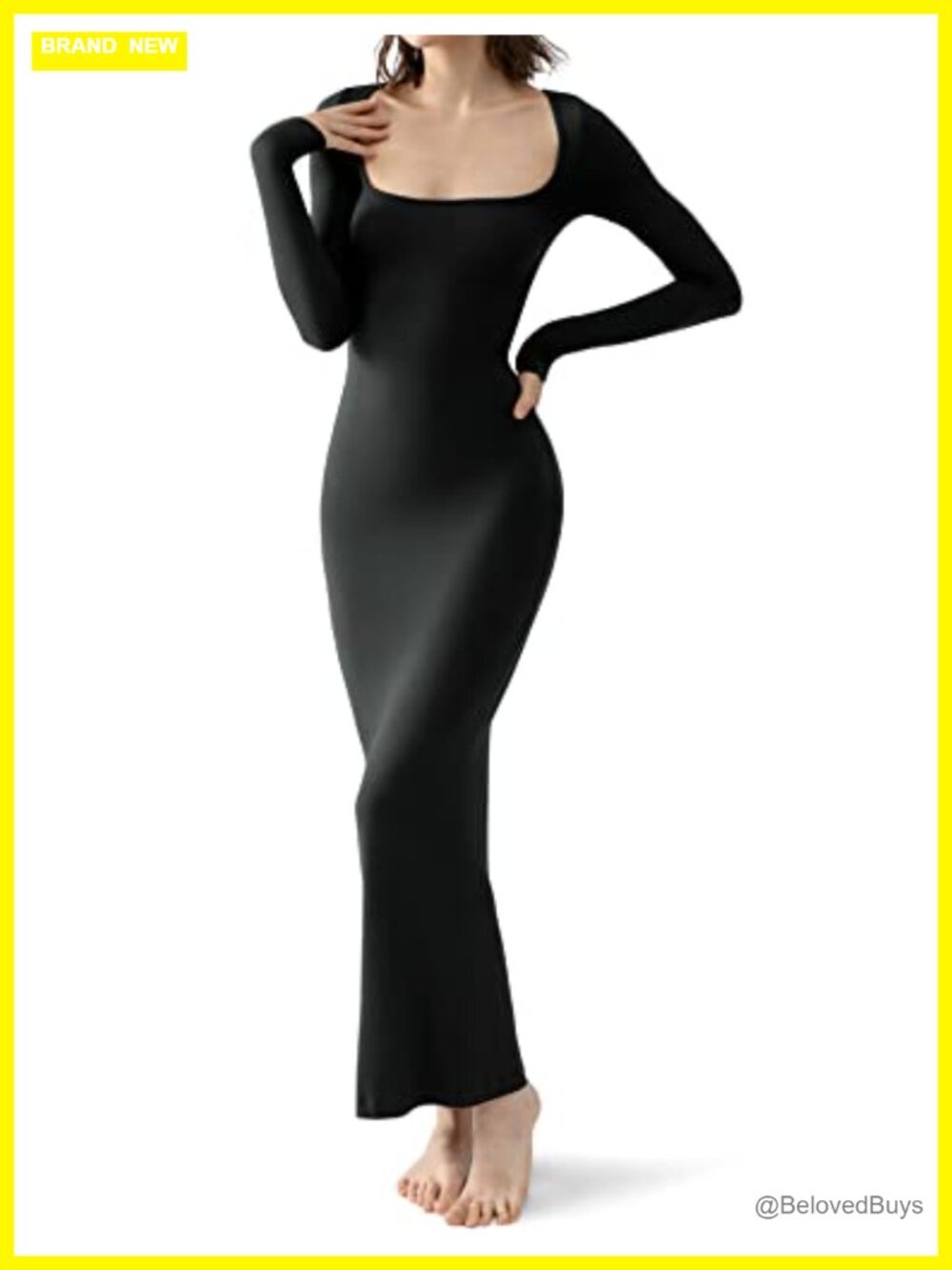 PUMIEY Women's Square Neck Long Sleeve Maxi Dress Ribbed Bodycon Soft